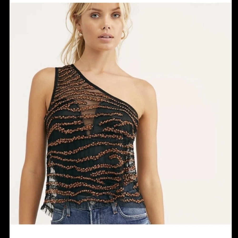 Free People Black and Brown One-Shoulder Beaded Top